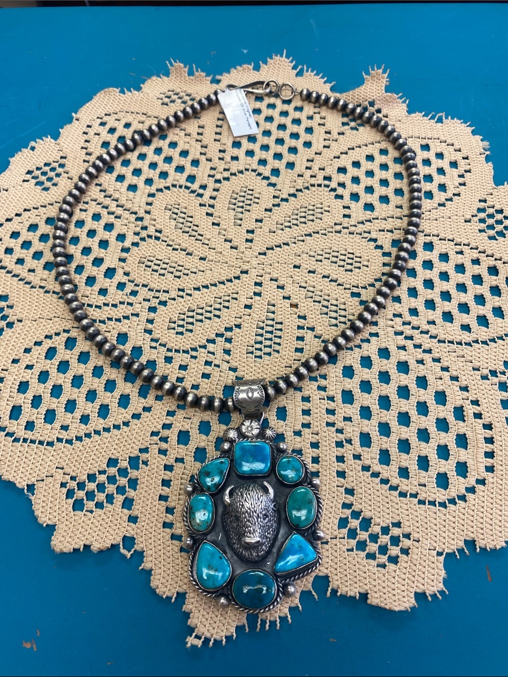 Boyd Ashley Kingman. Turquoise Stone Silver Bead Pendant Necklace - Teal Blue
